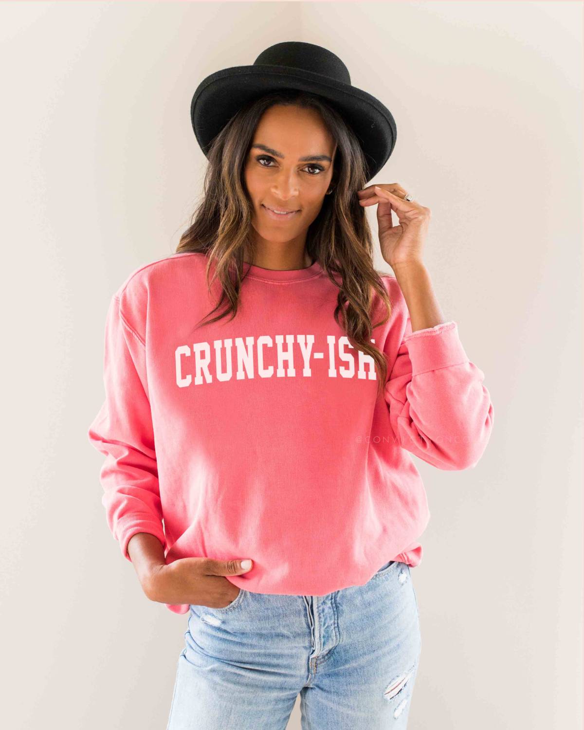 Woman wearing Crunchy-ish Sweatshirt in Watermelon Pink color